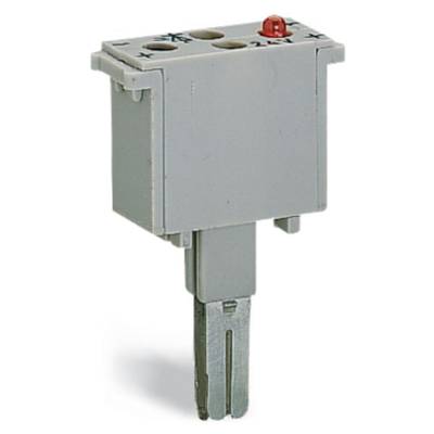 A rectangular, grey electrical component with metal connectors and a red dot on top, likely a sensor or switch.