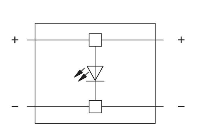 Schematic symbol of a diode in a rectangle representing an amplifier, with positive and negative terminals on the left and right sides.