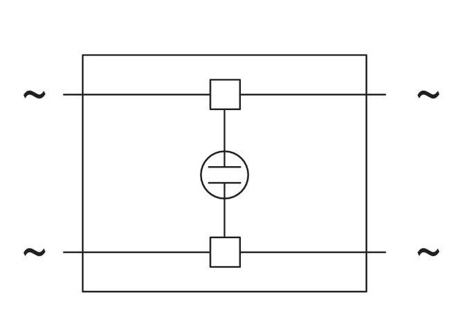 Circuit diagram with electronic components: Two rectangles, a circle in the middle; symmetrical arrangement, connecting lines.