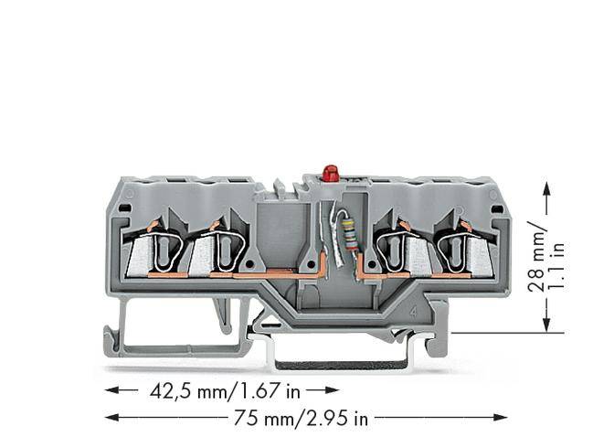 Grey-orange clamp with five terminals and LED indicator. Dimensions: 42.5 mm x 28 mm x 75 mm.
