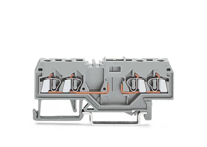 Grey electrical terminal block with multiple copper connections, suitable for wiring in electrical junction boxes.