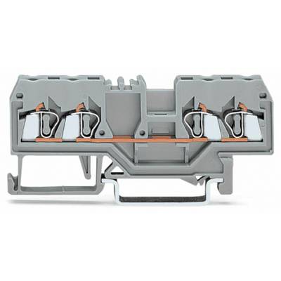 'Image of a grey, modular terminal block with four connections, used in electrical control cabinets.'