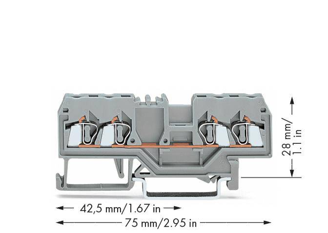 Grey-orange electrical terminal block with dimensions: 42.5 mm high, 28 mm wide, 75 mm deep.