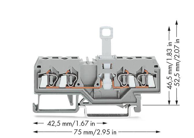 Grey plastic terminal strip, width 75 mm, height 52.5 mm, contact spacing 42.5 mm. Used for electrical connection of conductors.