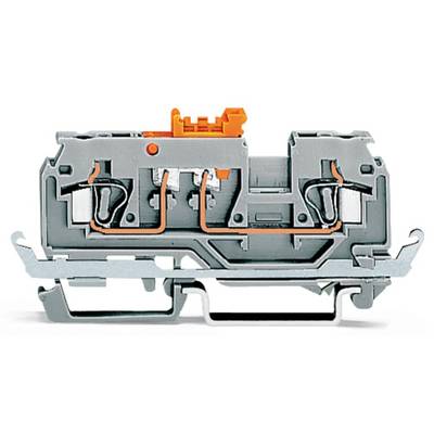 Grey electrical connector with an orange clip and visible metal connections, mounted on a metallic bracket.