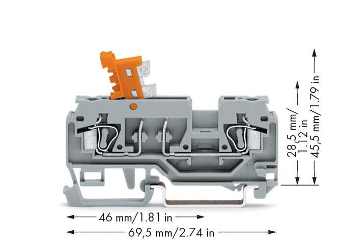 Image of a grey electrical connector with an orange clip on top. Dimensions: 46 mm x 69.5 mm x 28.5 mm.