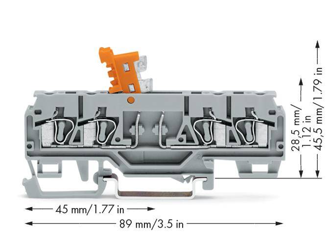 Grey-orange terminal block with 5 connection points, measuring: 28.5 mm high, 45 mm deep, 89 mm wide. Locking mechanism on top.