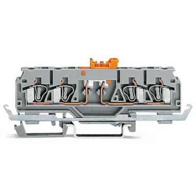 Grey electrical connector component with copper wires and orange components, designed for secure cable connection.