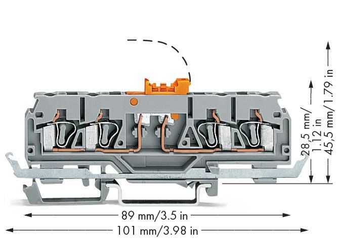Grey distribution block with five connections; Dimensions: 89 mm (height), 101 mm (width). Provides cable connections.