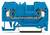 Blue electrical terminal block with metal elements for connecting wires, side and top connections visible.
