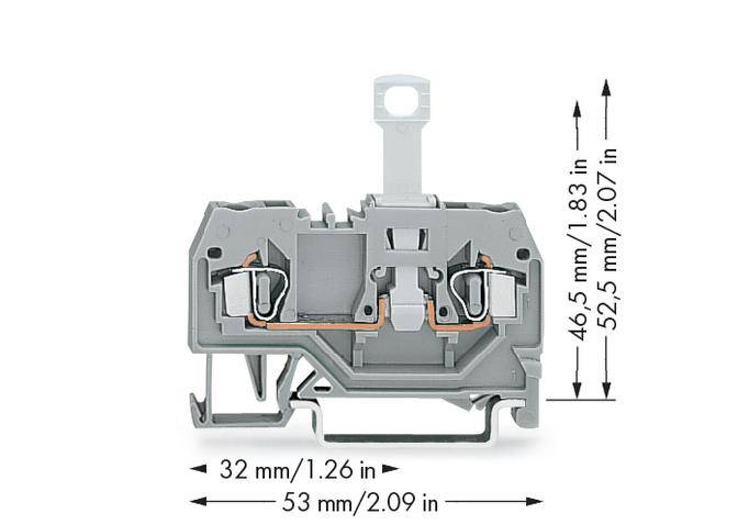 A grey terminal block with dimensions 'height: 46.5 mm (1.83 in), width: 53 mm (2.09 in), depth: 32 mm (1.26 in)'.