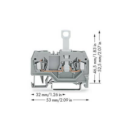 A grey terminal block with dimensions 'height: 46.5 mm (1.83 in), width: 53 mm (2.09 in), depth: 32 mm (1.26 in)'.