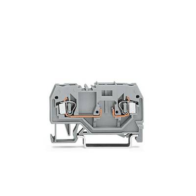 Grey-orange electrical wiring terminal block, showing connection points and metal conductors; industrial component view.