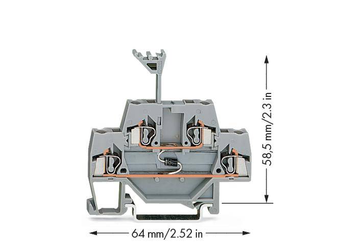 Grey, modular terminal block with four connections, measuring 58.5 mm in height and 64 mm in width.