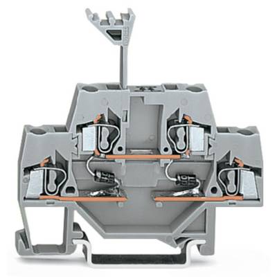 A grey, industrial terminal block for connecting electrical lines, with multiple mounting points and cable entry points.