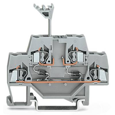 Grey-orange row terminal block with screw connection, four connection points, suitable for industrial applications, current-carrying conductors.