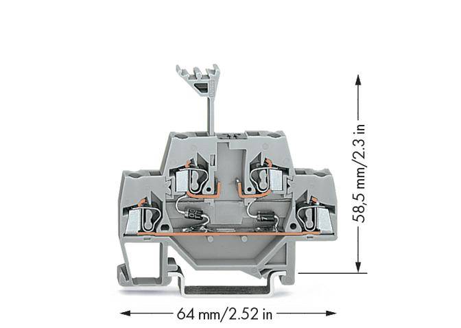 Grey-orange electrical component with terminals and dimensions: 64 mm (2.52 inches) width, 58.5 mm (2.3 inches) height.