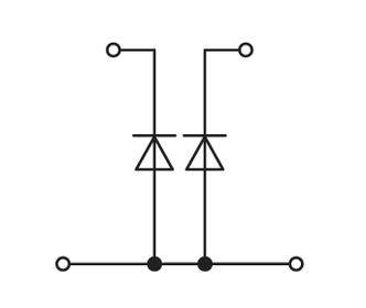 Electronic circuit diagram with two diode symbols connected in parallel, linked by three horizontal and two vertical lines.