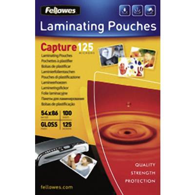 'Fellowes Laminating Pouches, Capture 125 Micron, 54x86 mm, Glossy, Pack of 100. Offers Quality, Strength and Protection.'