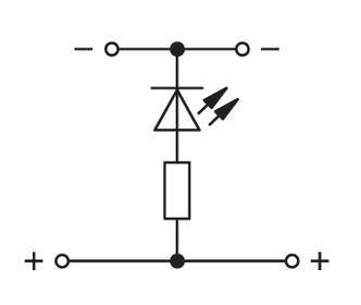 Electrical circuit symbol with diode, transistor, and resistor. Shows connections and current flow in the circuit.