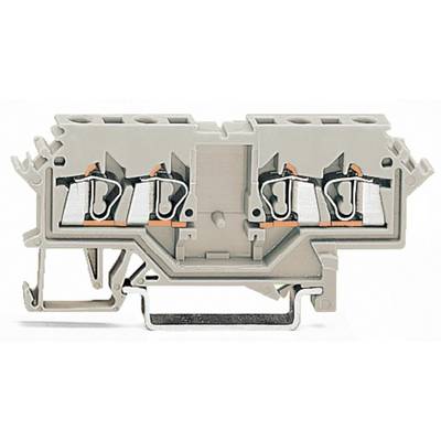 Grey electrical terminal housing with metal contacts and connection points, used for wiring in electrical engineering applications.
