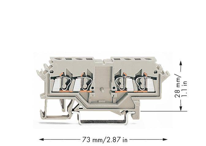A grey terminal block with four connections, 73 mm wide and 28 mm high.