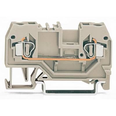 Two-pole, grey electrical terminal block with metal connection and wire routing, designed for mounting on a DIN rail.