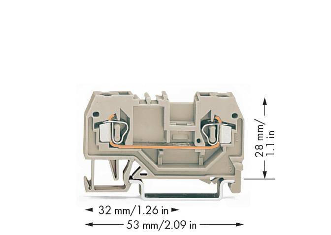 Figure of an electrical terminal block: Dimensions 32 mm width, 28 mm height, 53 mm length; grey colour. It shows connection elements and metal contacts.