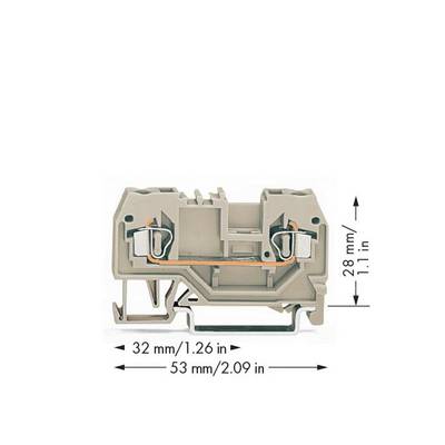 Figure of an electrical terminal block: Dimensions 32 mm width, 28 mm height, 53 mm length; grey colour. It shows connection elements and metal contacts.