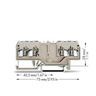 Clamping block in side view with dimensions: width 42.5 mm, depth 75 mm, height 28 mm. Four connection points visible.