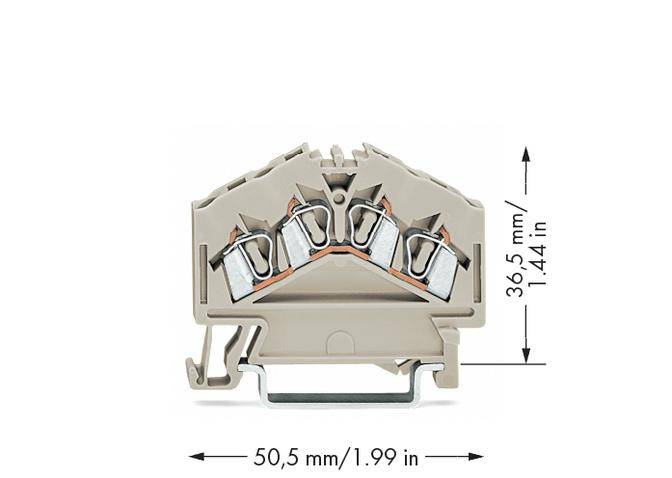 Grey multi-tier terminal block with double clamp, showing dimensions: width 50.5 mm (1.99 inches), height 36.5 mm (1.44 inches).