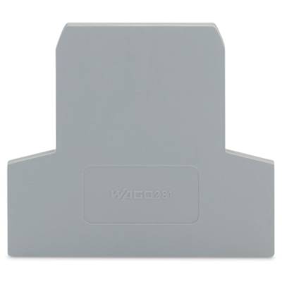 A grey end piece for terminal strips by WAGO, model 281, which serves for electrical insulation and mechanical stabilisation.