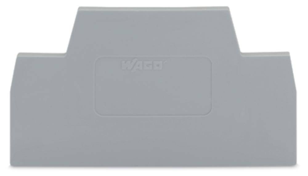 Grey end piece made of plastic with WAGO logo in the centre, used for covering terminal blocks on a DIN rail.