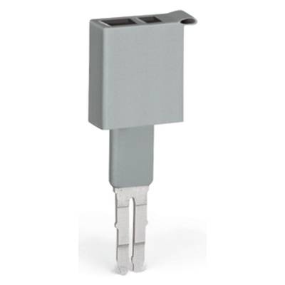 A grey, rectangular connector with two metallic contacts protruding from the bottom. Suitable for electronic connections.