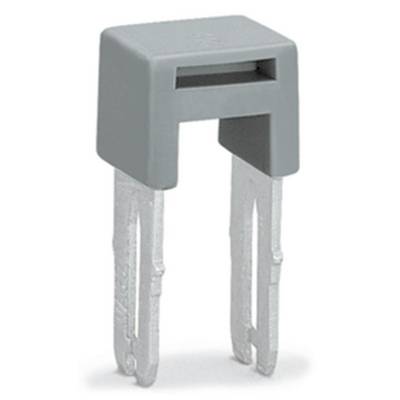 A grey, two-pin jumper for electrical connection of pins on a circuit board.