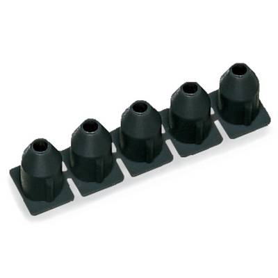 Five black rubber feet in a row, typically used in electronic enclosures for vibration damping.
