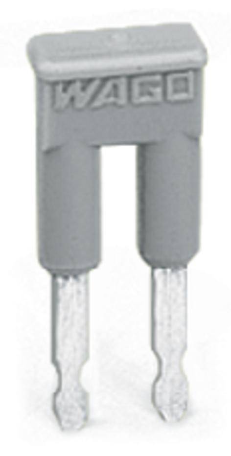Grey bridge comb with two metal pins and 'WAGO' printed on it, used for electrical connections in installations.