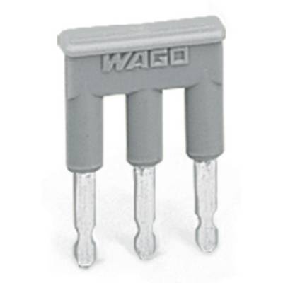 Grey plastic bridge with three metal pins, marked 'WAGO', used for connecting electrical wires in plug-in terminal blocks.