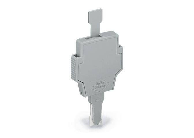 A grey plastic key with a rectangular handle and a narrow end.