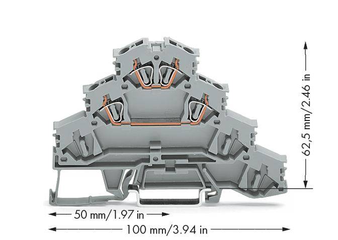 Grey electrical terminal block, vertical view, showing double connection options. Dimensions: 100 mm wide, 62.5 mm high. With copper connections.