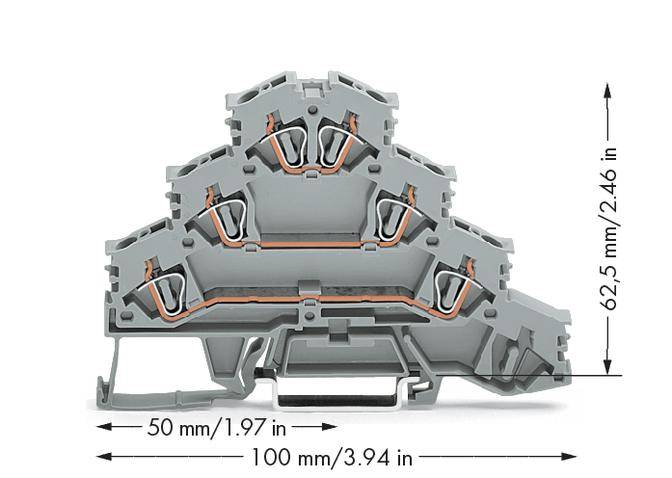 Cross-section of a multi-layer electrical terminal block, dimensions given: width 100 mm, height 62.5 mm, depth 50 mm.