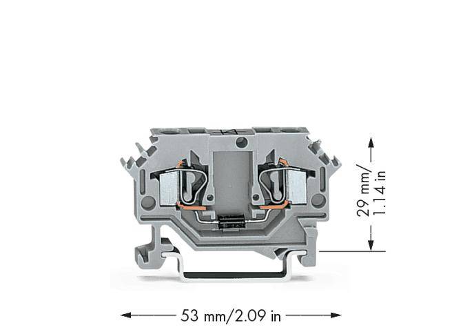 Grey-toned electrical terminal block, dimensions: 53 mm wide, 29 mm high. Visible connections and mounting elements.