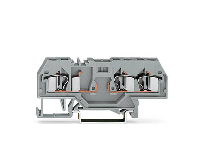 A grey terminal block housing with multiple connections, used for electrical wiring.