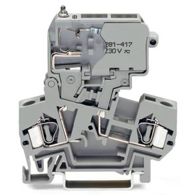 Grey electrical terminal block with multiple connections and metal contacts, suitable for 230 V, used for wiring in electrical control cabinets.