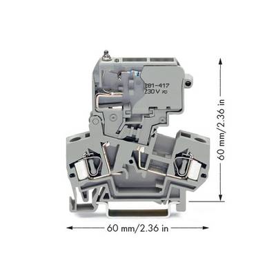 Grey electrical terminal module with dimensions 60 mm x 60 mm, suitable for 230 V, with two connection terminals and detailed components.