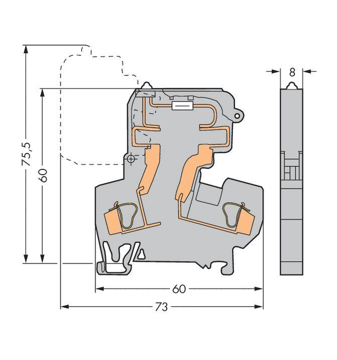 Technical drawing of a window profile with dimensions: Height 75.5 mm, Width 73 mm, Side width 60 mm, and Profile depth 8 mm.