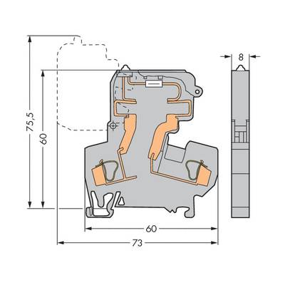 Technical drawing of a window profile with dimensions: Height 75.5 mm, Width 73 mm, Side width 60 mm, and Profile depth 8 mm.