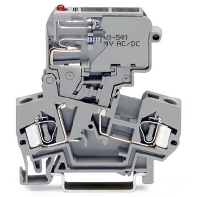 A grey surge protection device for DIN rail mounting, marked with '24 V AC/DC', shows internal wiring and components.