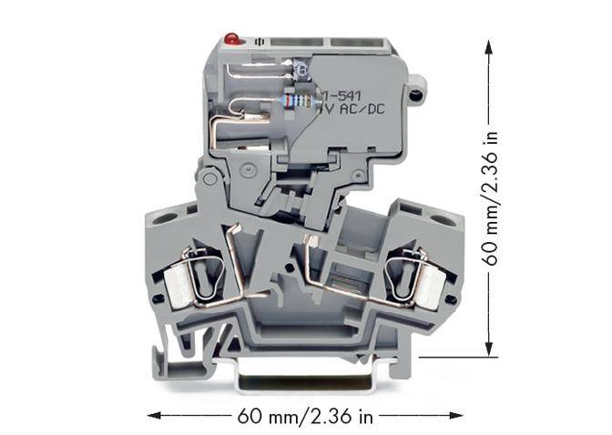 Grey electromechanical switch, showing switching mechanism and connections. Dimensions indicated as 60 mm x 60 mm.