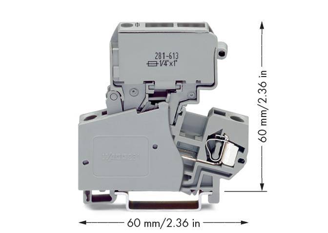 A grey electrical terminal connection piece measuring 60 mm x 60 mm is shown in side view.
